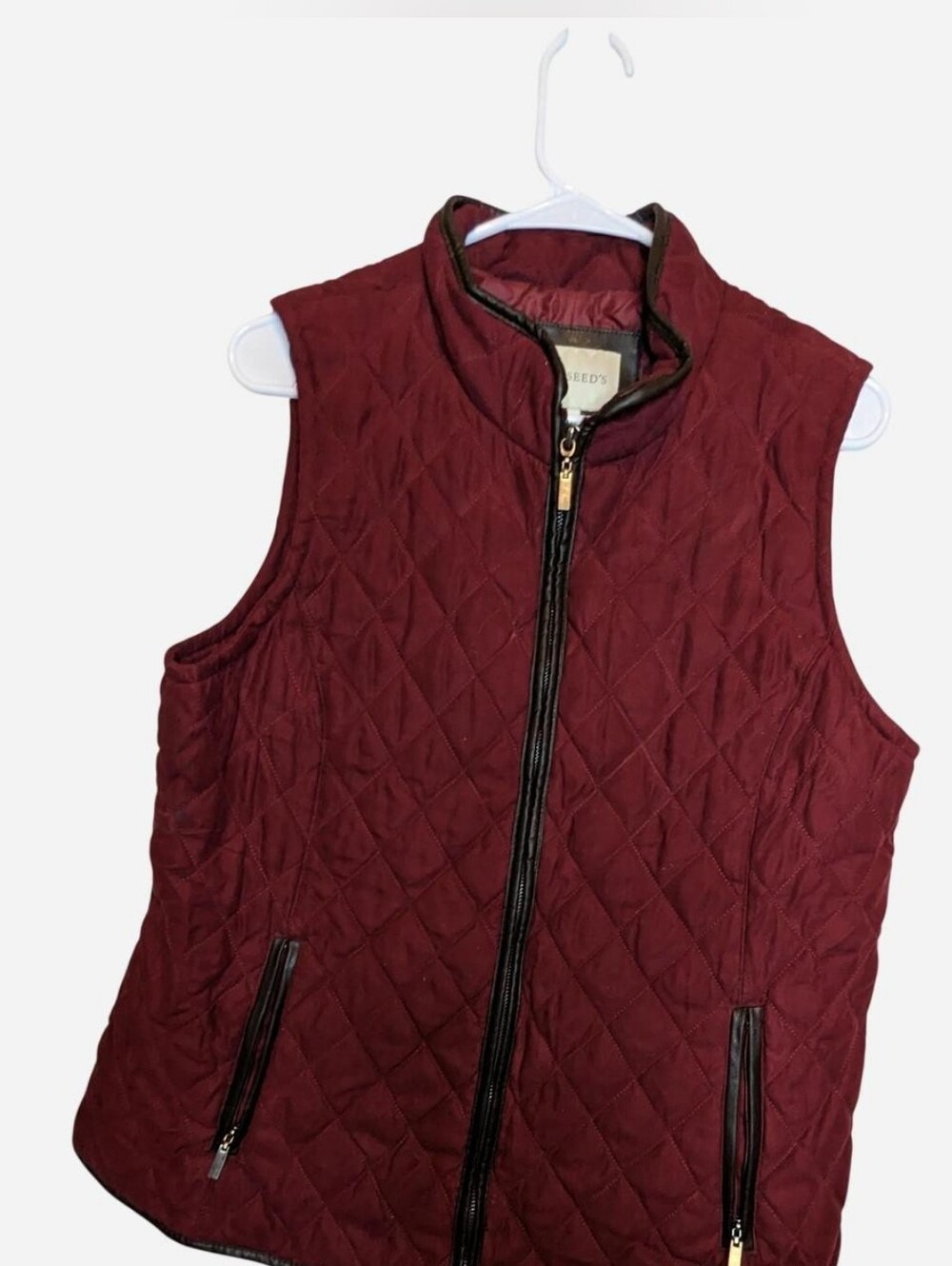 Appleseed's Burgundy Quilted Equestrian Vest Brown Faux Leather Trim Size M